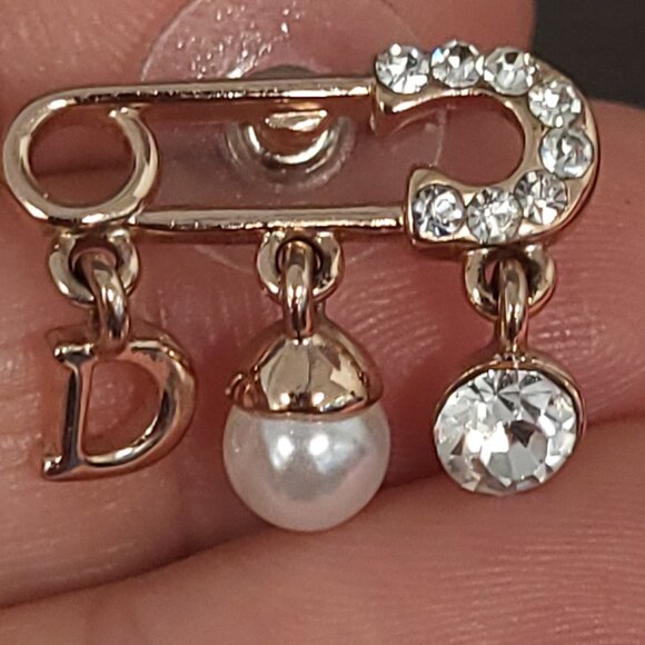 Gold Tone Safety Pin Stud Earrings with Crystal & Faux Pearl - Picture 2 of 11